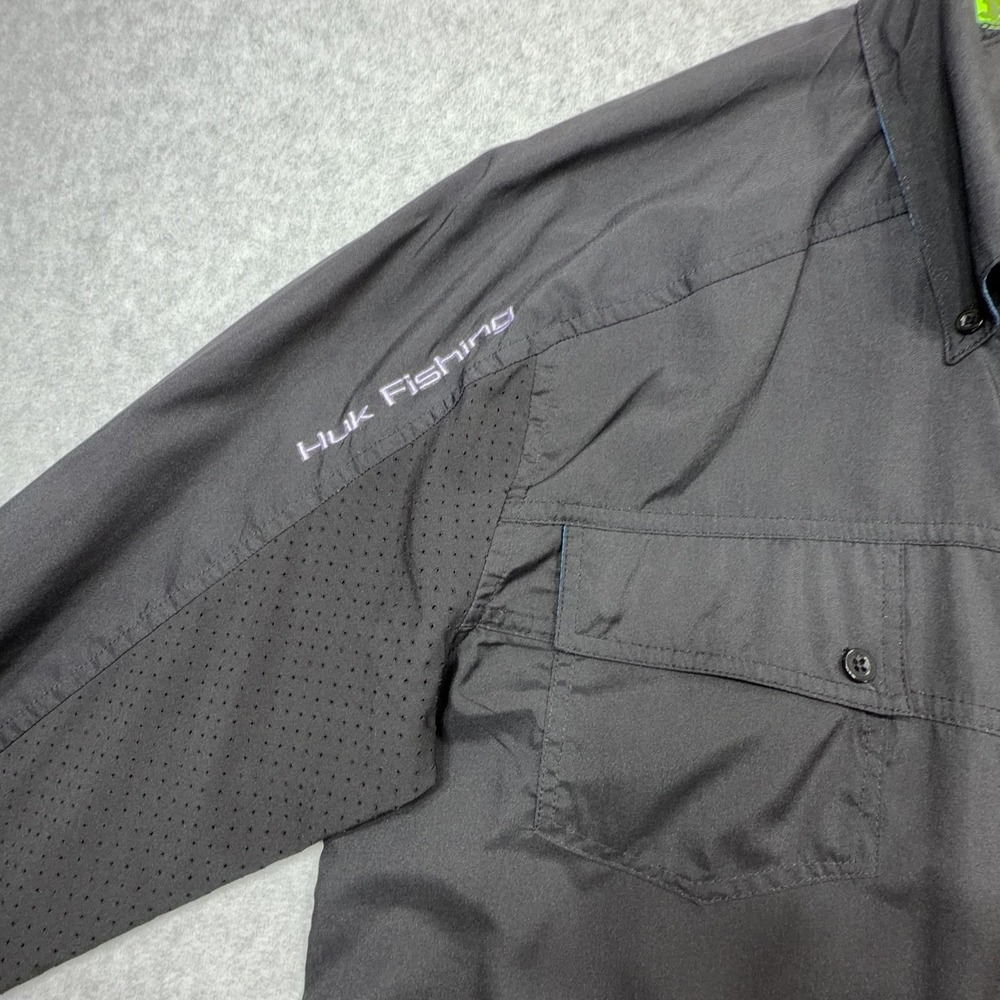 Huk Shirt Mens Medium Black Long Sleeve Vented Performance Fishing Top Flip Cuff - Picture 4 of 15